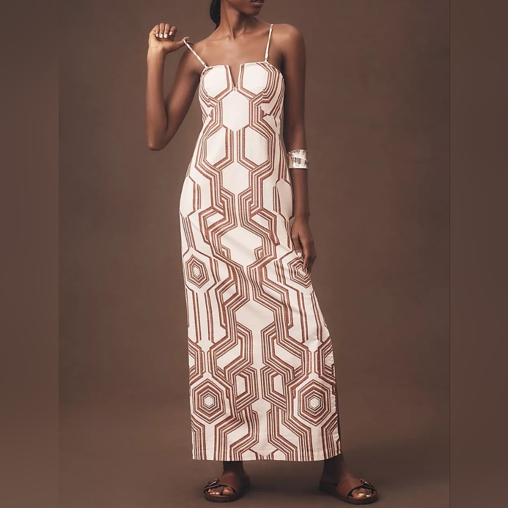 Anthropologie Strapless Geometric Dress in Cream and Brown